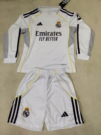 Real Madrid 25/26 White Long Sleeved Home Kids Jersey Set