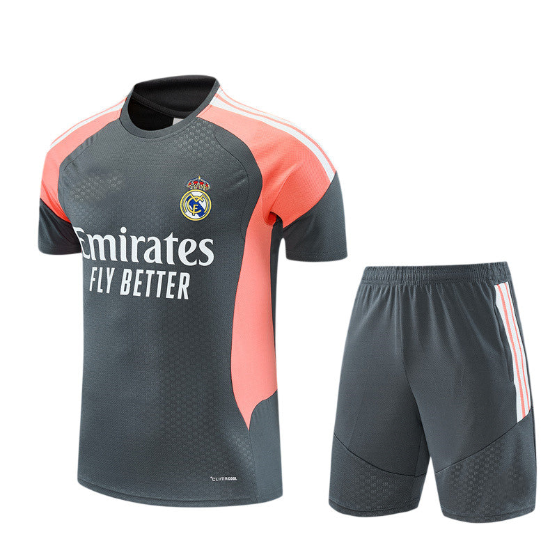 Real Madrid 26/27 Coral Pink/Dark Gray/White Stripes Training Kids Jersey Set
