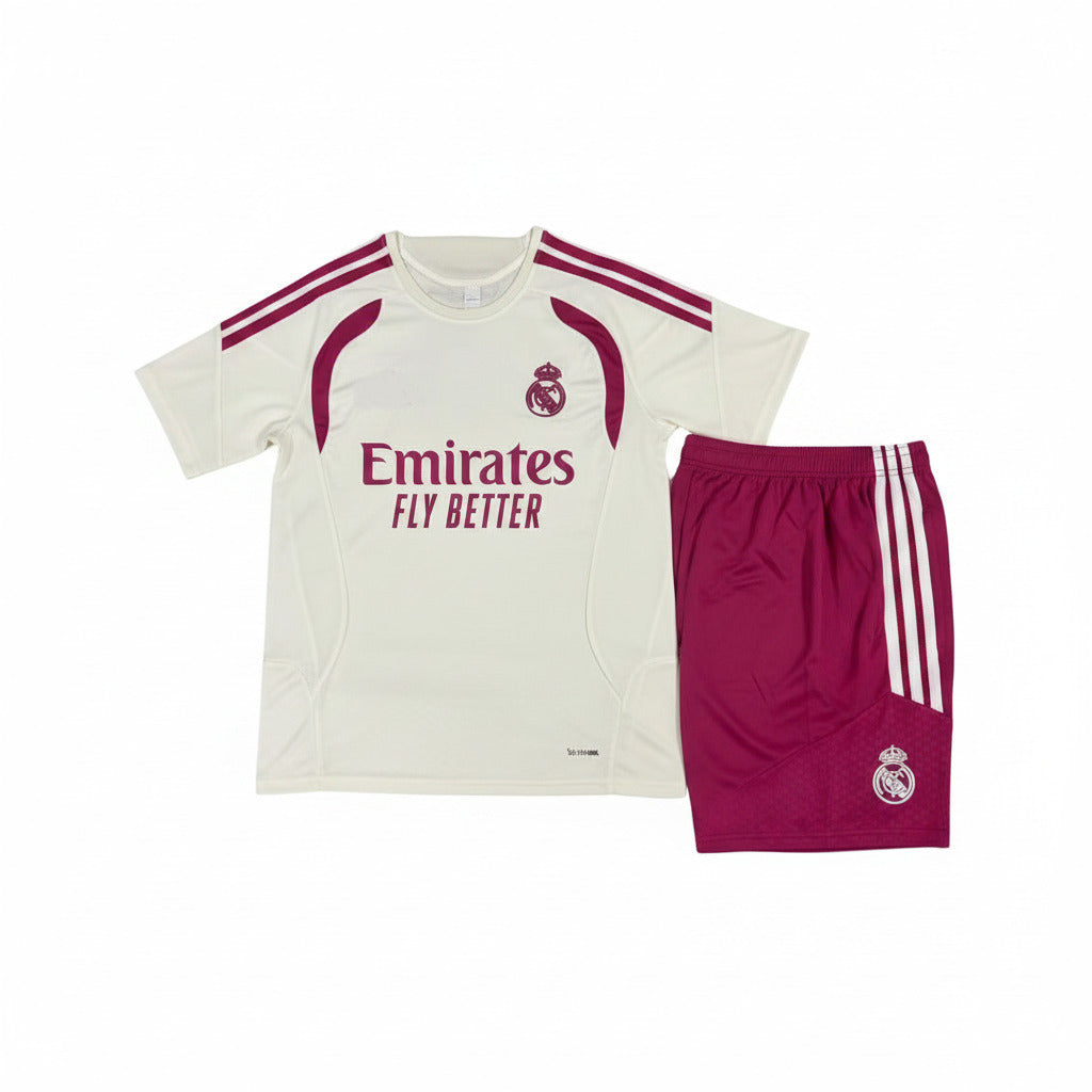 Real Madrid 26/27 Cream/Pink 3 Stripes Training Kids Jersey Set