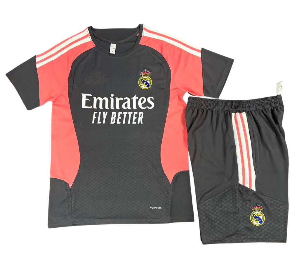 Real Madrid 26/27 Dark Gray/Coral Pink/White Stripes Training Kids Jersey Set