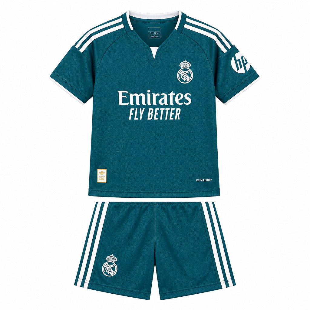 Real Madrid 26/27 Dark Green/White 3 Stripes Away Kids Jersey Set