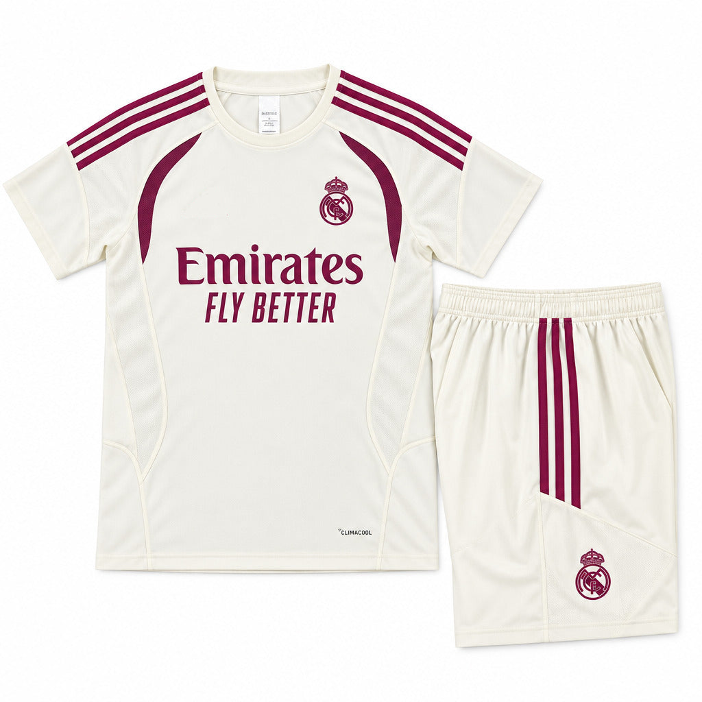 Real Madrid 26/27 Off-White/Pink 3 Stripes Training Kids Jersey Set