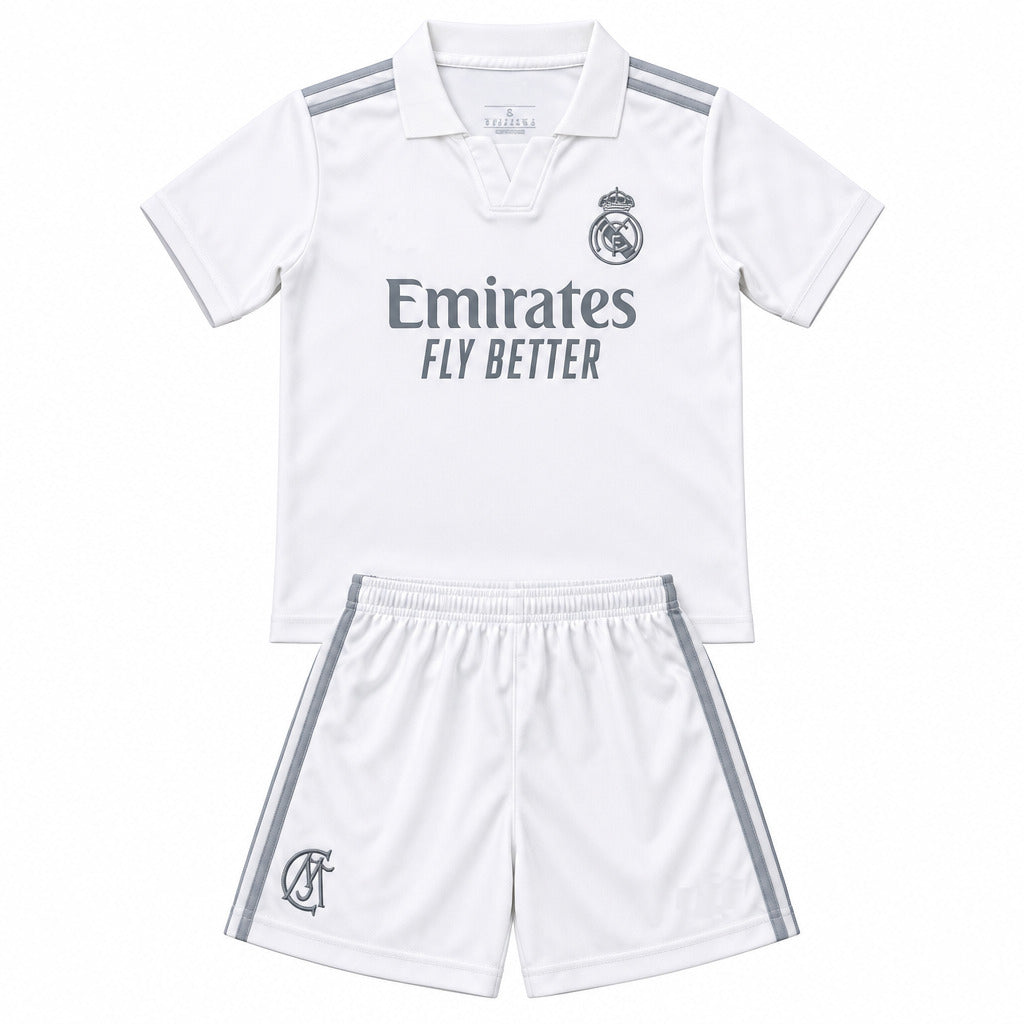 Real Madrid 26/27 White/Silver Stripes Kids Jersey Set