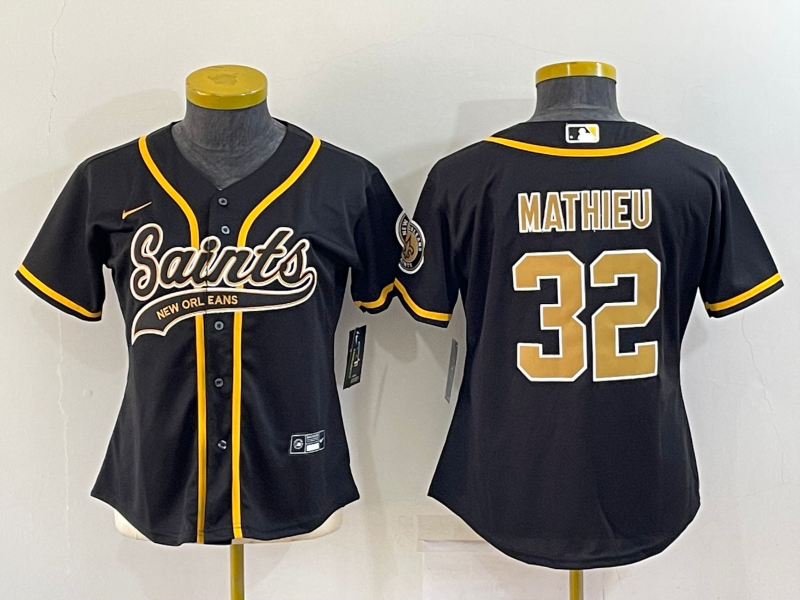 Saints 2022/23 Mathieu #32 Black/Gold Women NFL Baseball Style Jersey