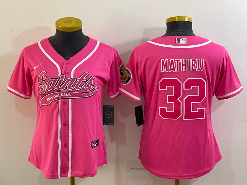 Saints 2022/23 Mathieu #32 Pink/White Women NFL Baseball Style Jersey