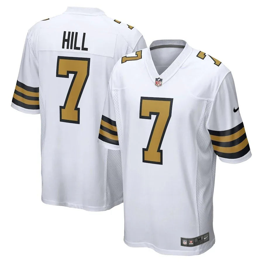 Saints 25/26 Hill #7 White/Gold Game NFL Jersey
