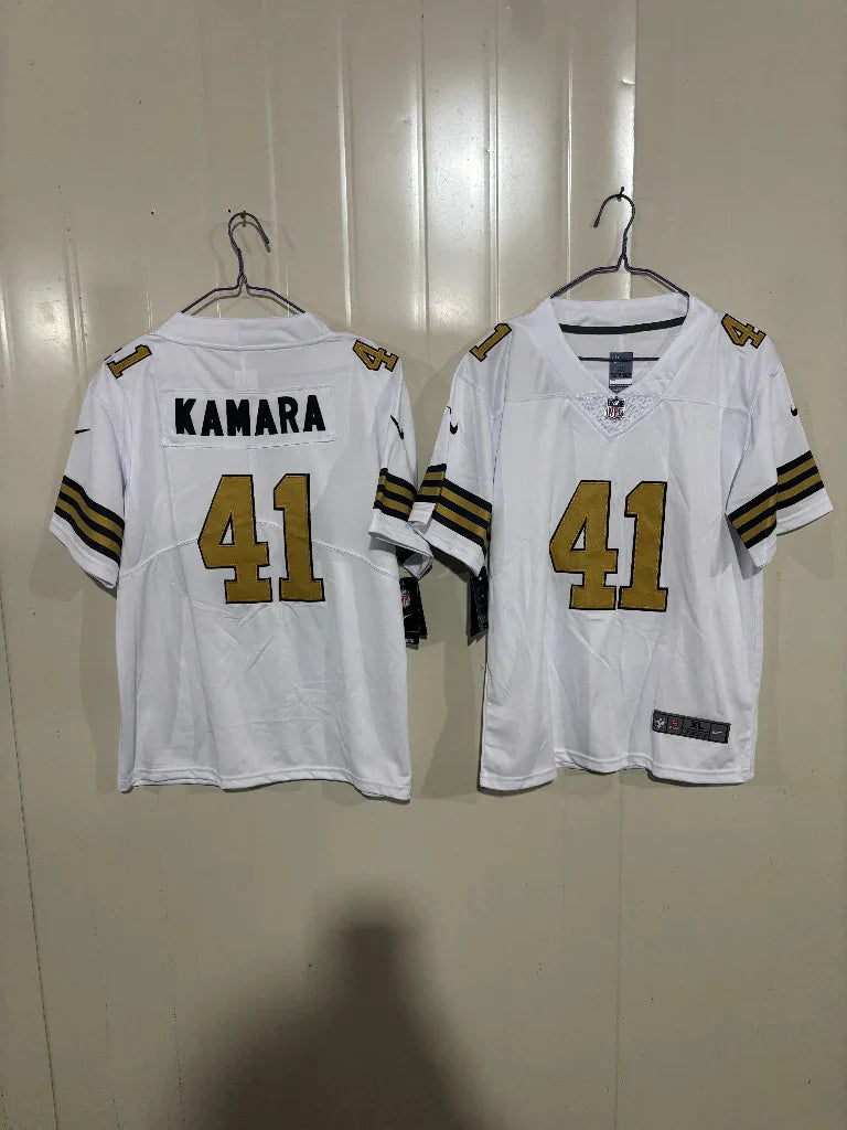 Saints 25/26 Kamara #41 White/Gold Game Kids Jersey