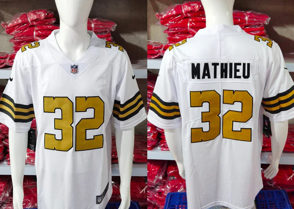 Saints 25/26 Mathieu #32 White/Gold Game NFL Jersey