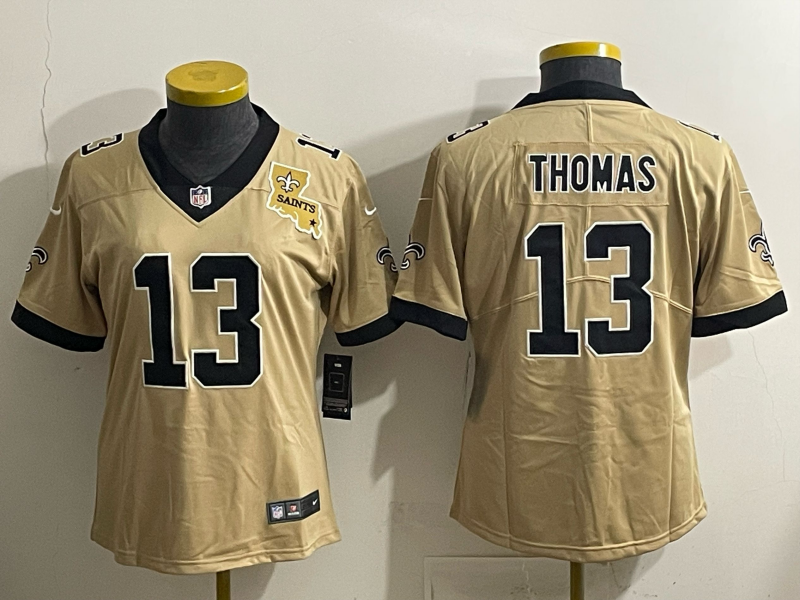 Saints 25/26 Thomas #13 Gold/Black Women NFL Jersey