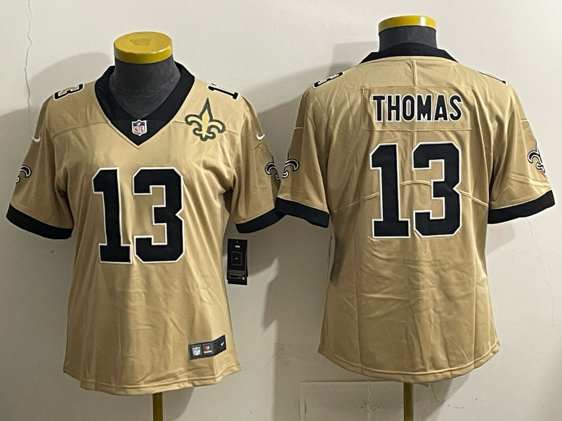 Saints 25/26 Thomas #13 Gold/Black Women NFL Jersey