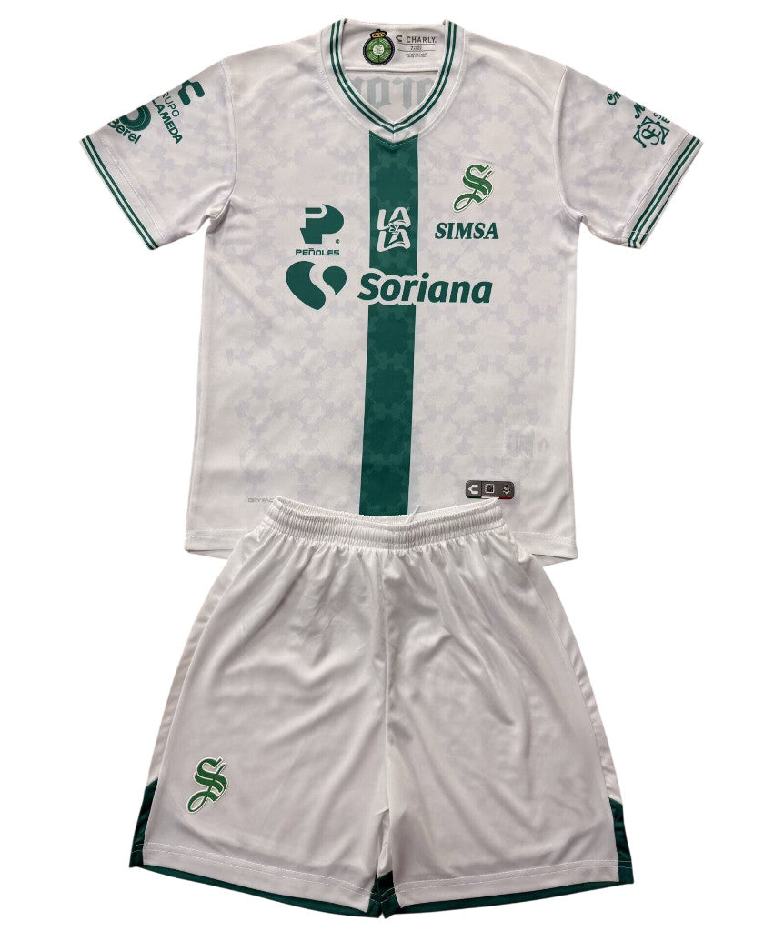 Santos Laguna 26/27 White/Green Vertical Stripe Away Kids Jersey Set