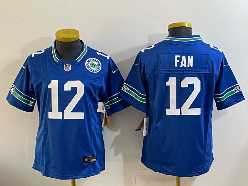Seahawks 25/26 Fan #12 Royal Blue/White Women NFL Jersey