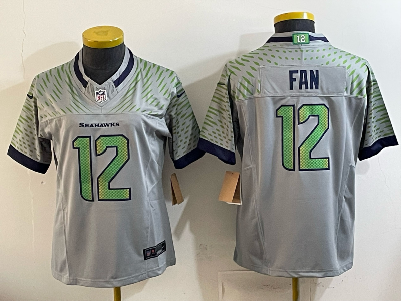 Seahawks 25/26 Fan #12 Wolf Gray/Green Women NFL Jersey