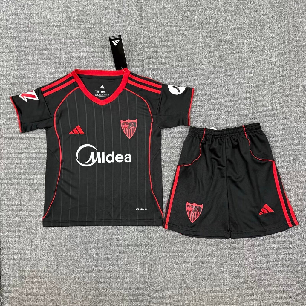 Sevilla 25/26 Black/Red Third Kids Jersey Set