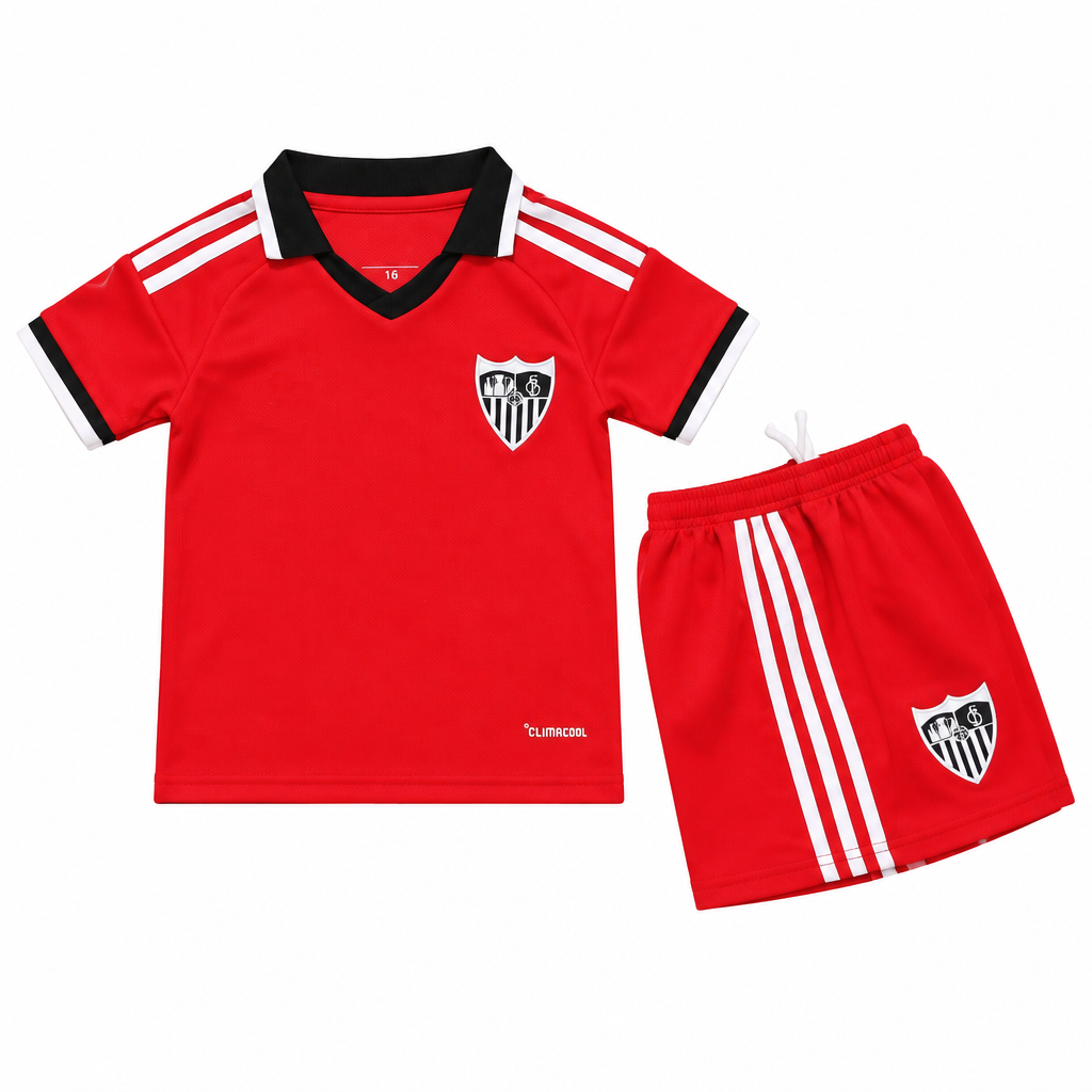 Sevilla 26/27 Red/White 3 Stripes Away Kids Jersey Set