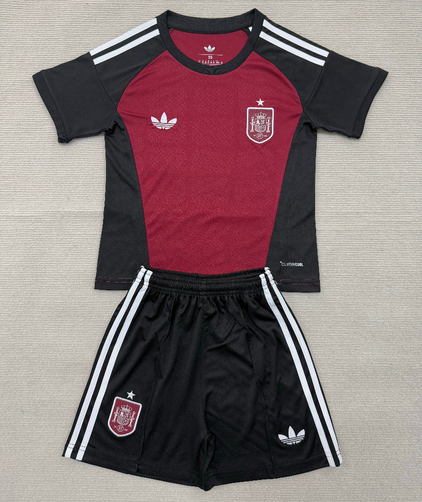 Spain 26/27 Dark Maroon/Black/White Stripes Goalkeeper Kids Jersey Set