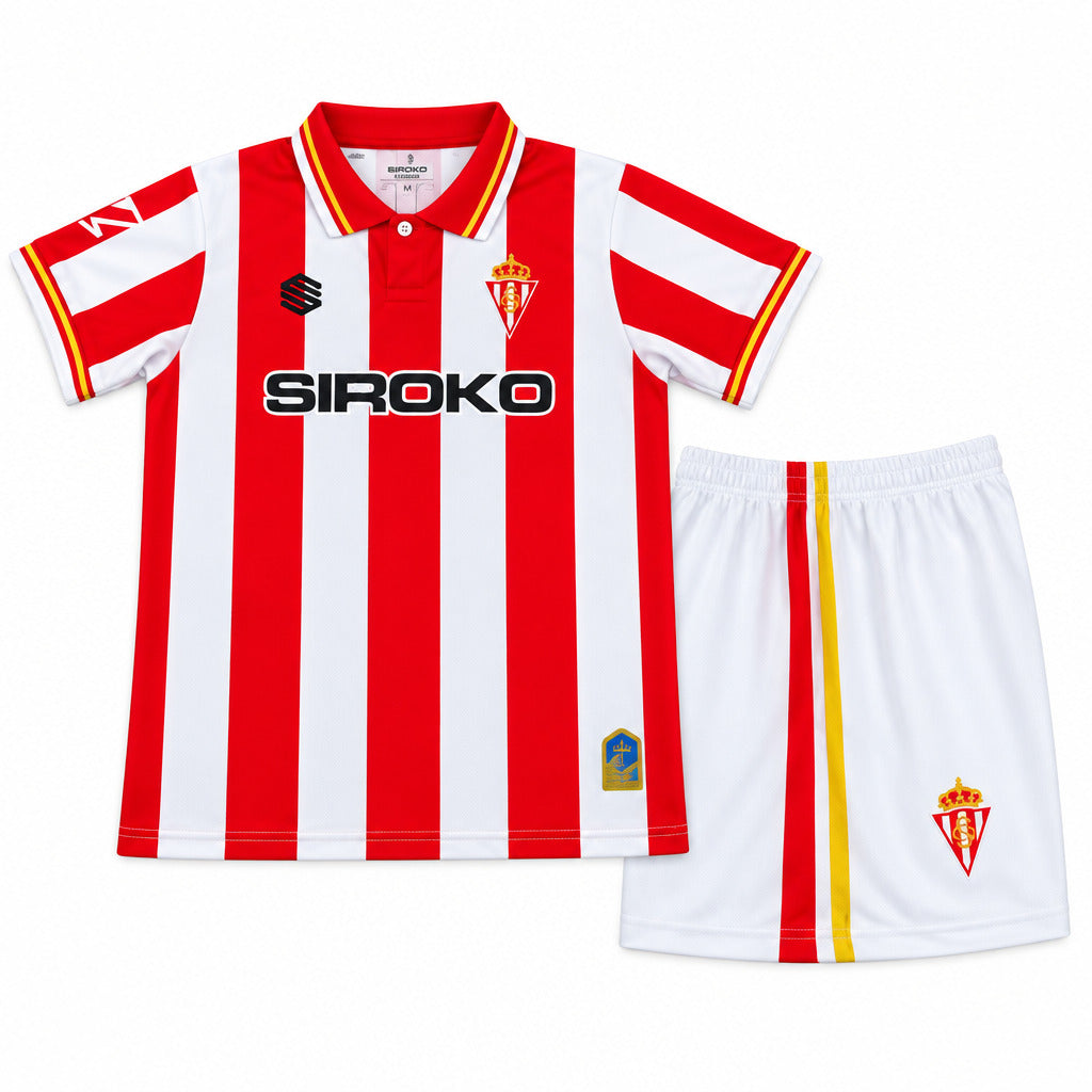 Sporting Gijon 26/27 White/Red Vertical Stripes Home Kids Jersey Set