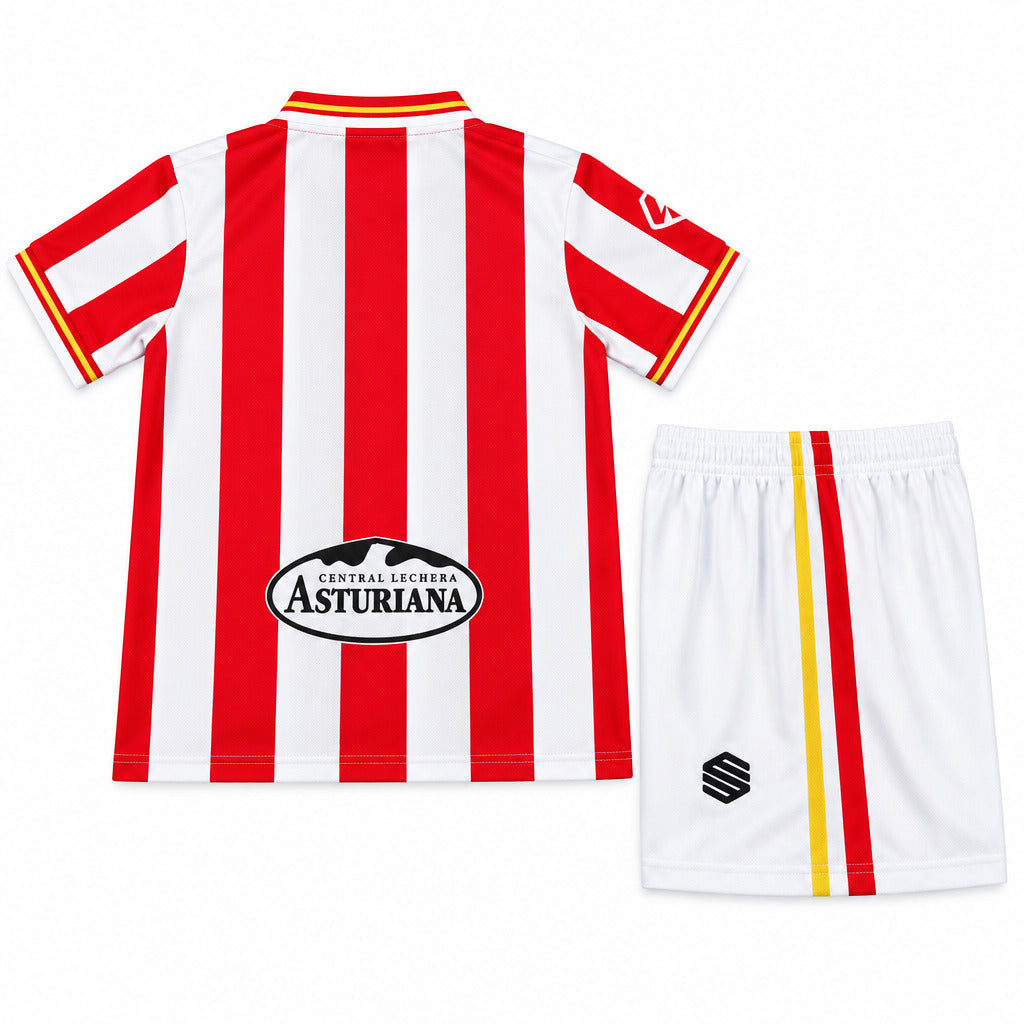 Sporting Gijon 26/27 White/Red Vertical Stripes Home Kids Jersey Set