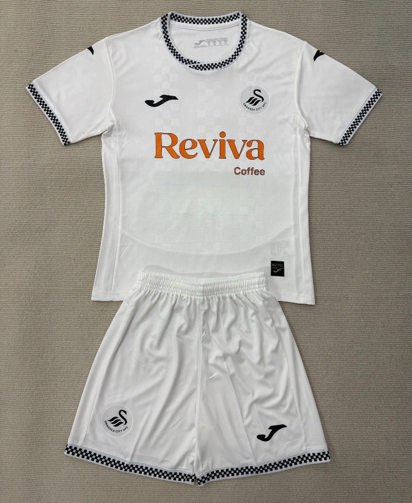 Swansea City 25/26 White/Black Home Kids Jersey Set