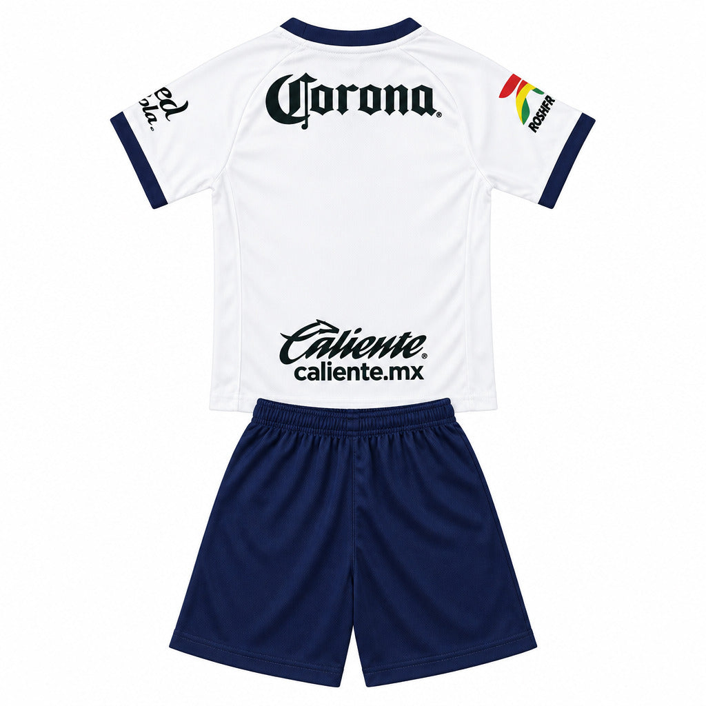 Toluca 26/27 White with Blue Trim Away Kids Jersey Set