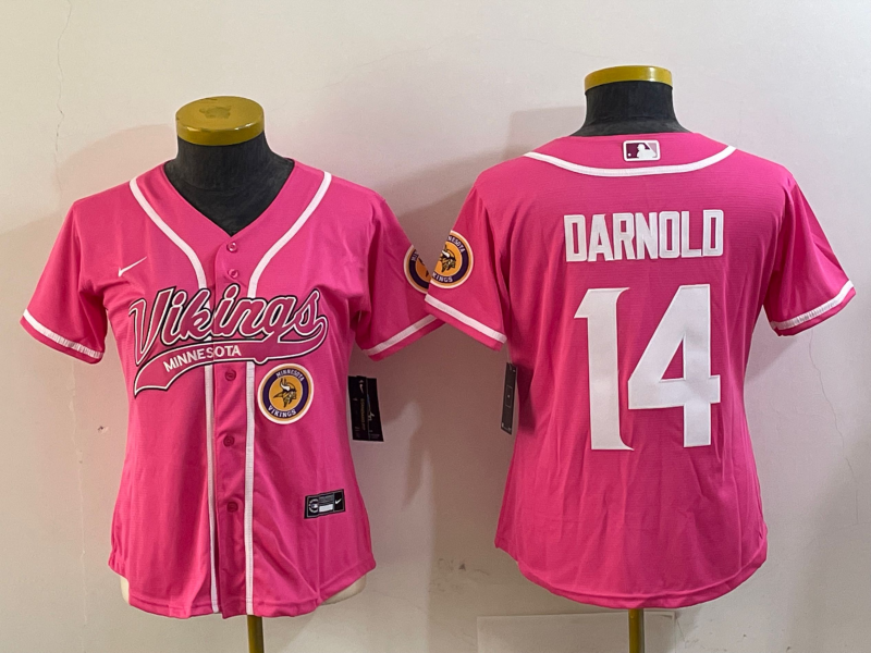 Vikings 2023/24 Darnold #14 Pink/White Women NFL Baseball Style Jersey