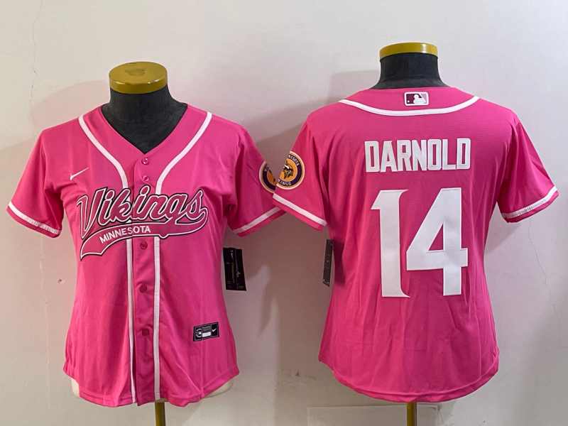 Vikings 2023/24 Darnold #14 Pink/White Women NFL Baseball Style Jersey