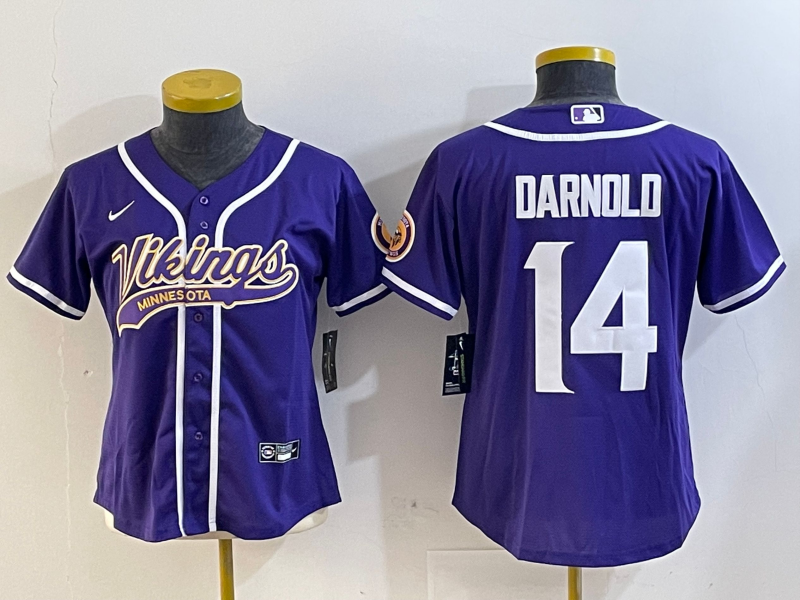 Vikings 2023/24 Darnold #14 Purple/White Women NFL Baseball Style Jersey