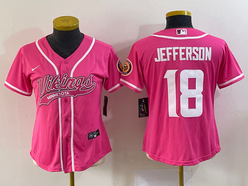 Vikings 2023/24 Jefferson #18 Pink/White Women NFL Baseball Style Jersey