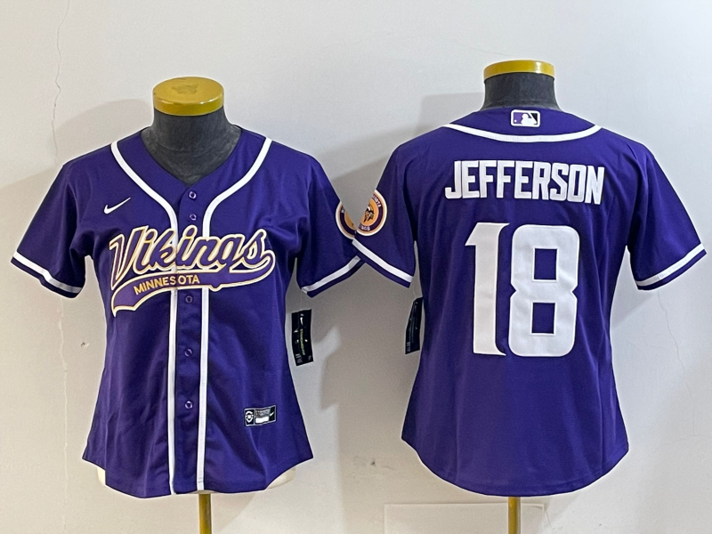 Vikings 2023/24 Jefferson #18 Purple/White Women NFL Baseball Style Jersey