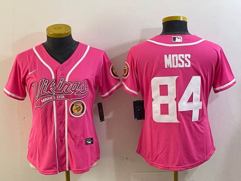 Vikings 2023/24 Moss #84 Pink/White Women NFL Baseball Style Jersey