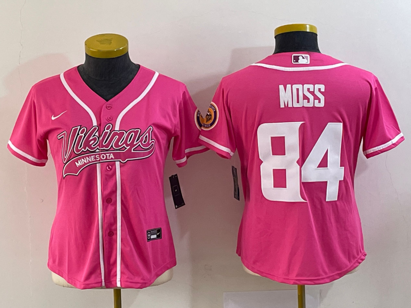 Vikings 2023/24 Moss #84 Pink/White Women NFL Baseball Style Jersey