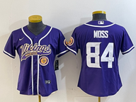 Vikings 2023/24 Moss #84 Purple/White Women NFL Baseball Style Jersey