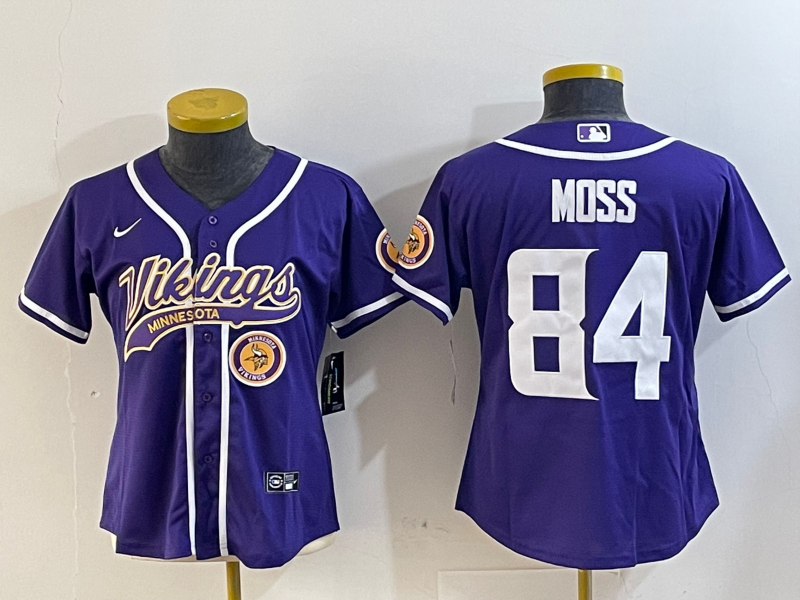 Vikings 2023/24 Moss #84 Purple/White Women NFL Baseball Style Jersey