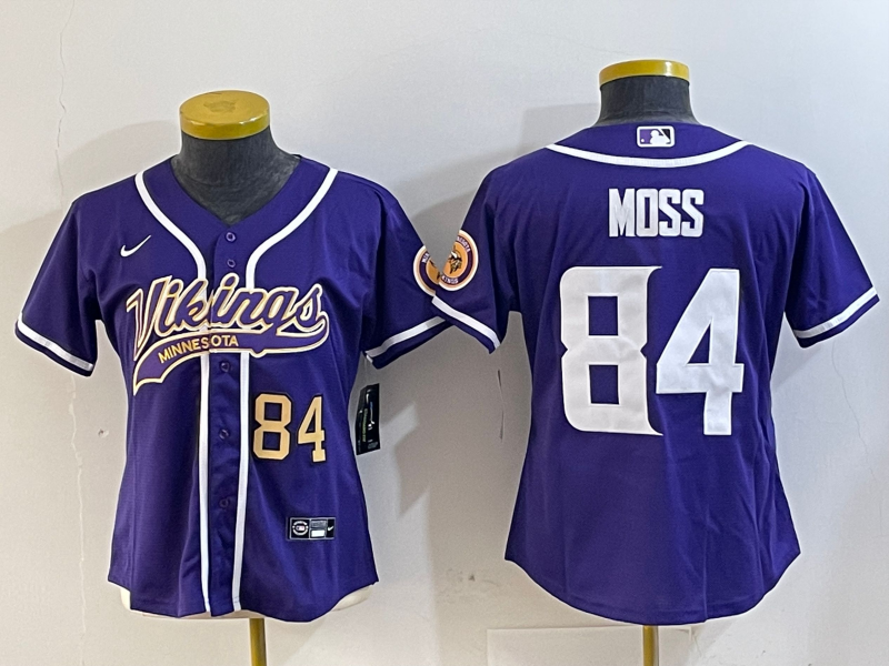 Vikings 2023/24 Moss #84 Purple/White Women NFL Baseball Style Jersey